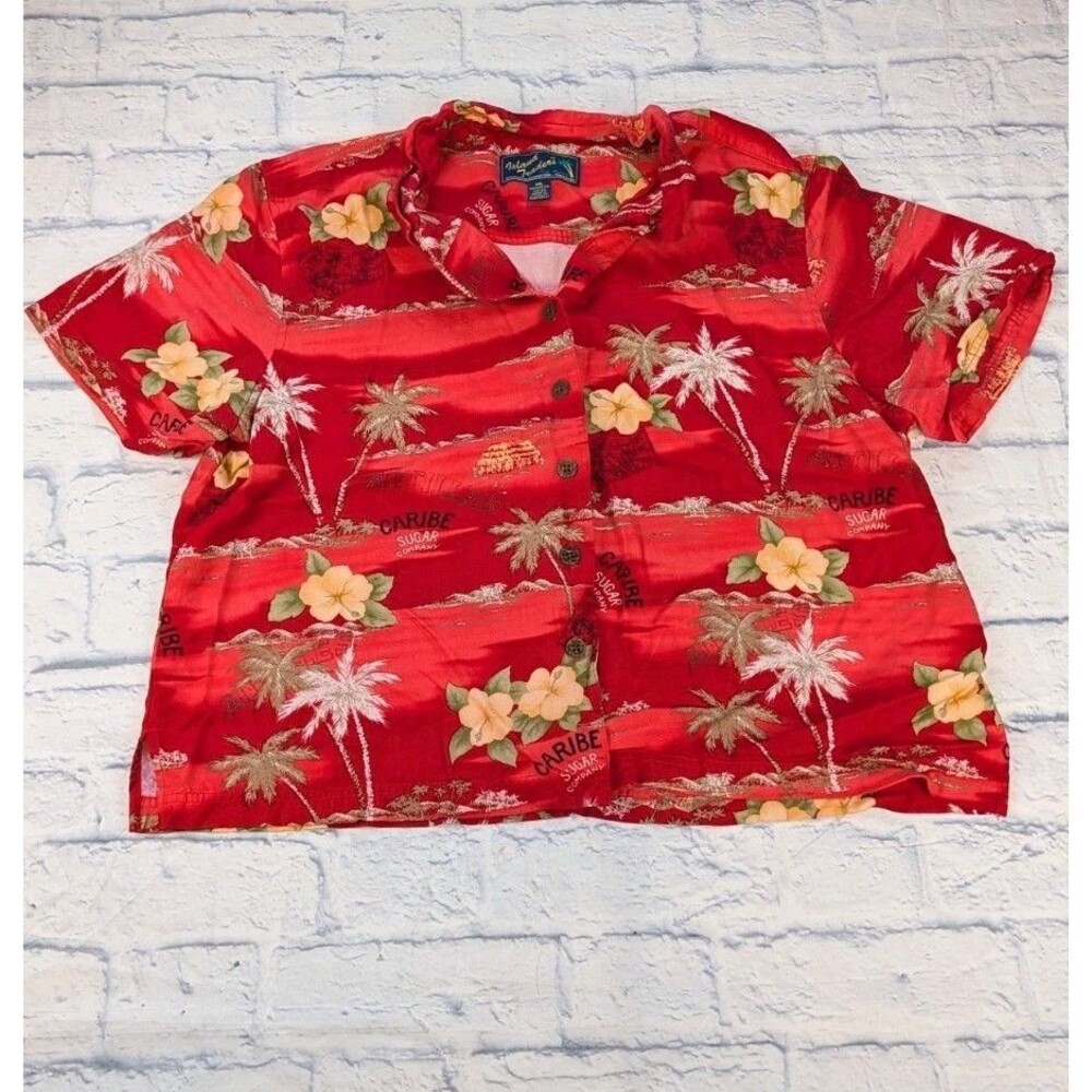 Island Traders Hawaiian Antilles Palm Tiki Hut Cropped Button-Up Shirt Size XXL